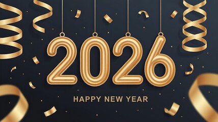 Golden 2026 balloons with confetti and ribbons celebrate new year
