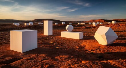 Surreal Martian Landscape with Geometric Sculptures at Sunset.