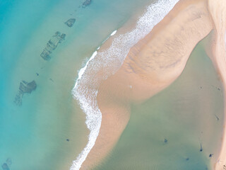 Beautiful beach sea in summer season,Travel and nature environment concept,Sea beach background Top view sandbar image from drone camera wide angle