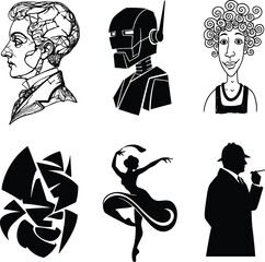 Creative black silhouette character illustration set featuring portrait, robot, dancer, abstract art, and detective figure for graphic design
