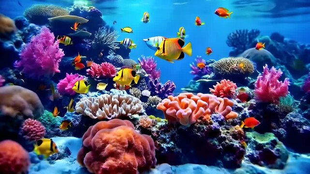 A vivid underwater scene featuring a coral reef with a variety of marine life. The coral is a bright pink color, contrasting with the blue of the surrounding water. The fish.