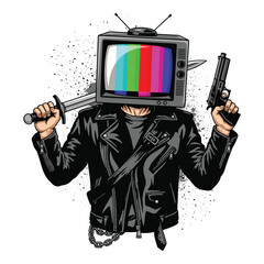 Man with vintage television for a head holding a gun and katana sword ready for action