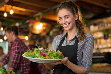 Waitress in apron serving a fresh salad in a casual family restaurant