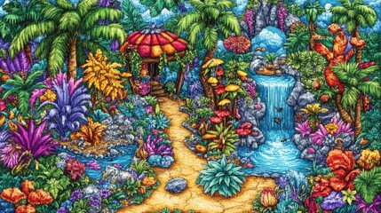 Fototapeta premium Vibrant Pixel Art Landscape: Tropical Paradise with Waterfall and Cottage