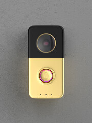 Golden smart video doorbell on dark grey wall, front view