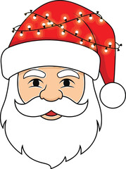 Cheerful santa claus cartoon character with christmas lights on his red hat