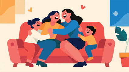 Illustration Of Two Mothers And Two Children Vector Design Template