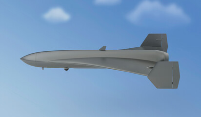 Side view of black jet powered military drone in flight