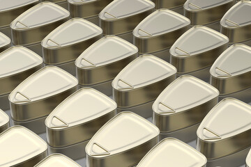 Many rows with tin cans for ham, fish, or other food