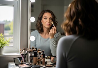 Woman Applying Makeup in Front of Mirror with Brushes on Table