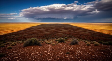 Vast Australian Outback Landscape Under Dramatic Storm Clouds.