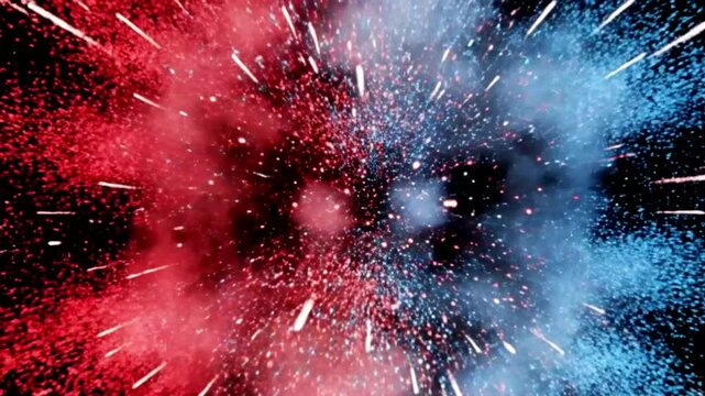 Dynamic red and blue energy particles colliding in a bright flash for exciting transitions