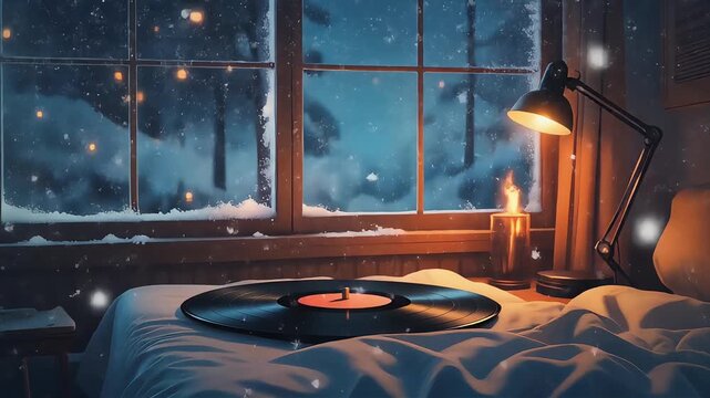 Cozy Winter Evening With Vinyl Record And Candlelight. Virtual backgrounds loop animation for stream overlay, meditation, smooth jazz or white noise video. Cozy lo-fi background.