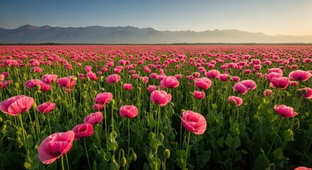 Vast Field of Pink Poppies Under a Majestic Mountain Range at Sunset.