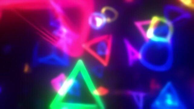 Dynamic Abstract Background with Colorful Neon Geometric Shapes Floating on Black - Powered by Adobe