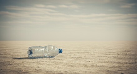 Discarded plastic water bottle on a barren landscape, symbolizing environmental pollution