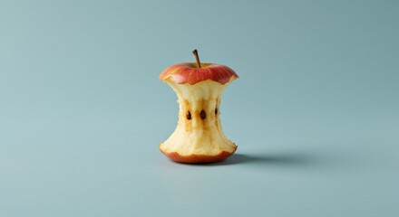 Apple core on a blue background, symbolizing waste and the end of consumption