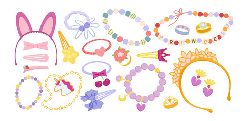 Colorful collection of children’s jewelry, including headbands, bracelets, rings, hair clips, and necklaces with playful designs, isolated on white background vector illustration