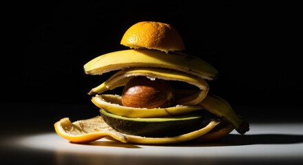 Still life of food waste, including banana peels, avocado pit, and orange peel