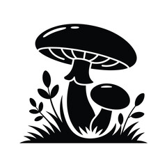 Stylized black and white silhouette of mushrooms and grass