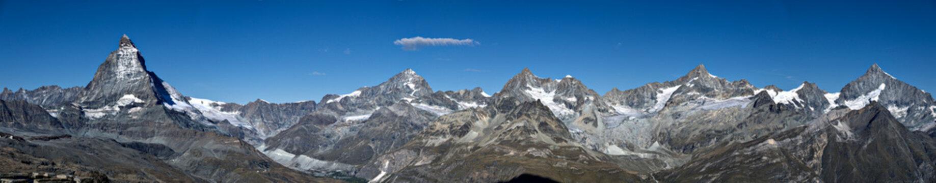Panoramic view from the Gornergrat near Zermatt north onto the Matterhorn in the Monte Rosa massif with Dent blanche, Gabelhorn sowie Weisshorn und Zinalrothorn  in the canton of Valais, Switzerland