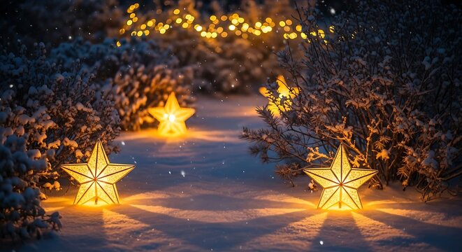 Glowing Star Lanterns Lighting a Snowy Winter Path at Dusk - Powered by Adobe