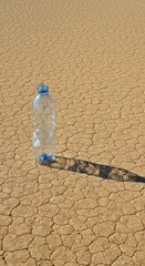 Plastic water bottle discarded in a dry, cracked desert landscape, environmental issue