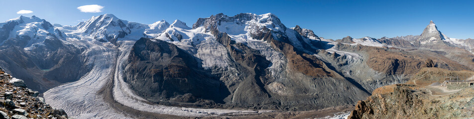 Panoramic view from the Gornergrat south and east onto the Matterhorn in the Monte Rosa massif with Dufourspitze, Liskamm, Castor, Pollux, Breithorn and Klein Matterhorn and the Gorner Glaciers