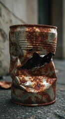 Rusty and damaged metal can with a hole, environmental pollution and decay