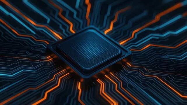 High Tech Microprocessor Showcasing Glowing Circuits in Blue and Orange, Highlighting Digital Innovation and Advanced Electronics Technology
