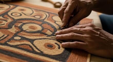 Close up of a native american artist carving a traditional design on wood
