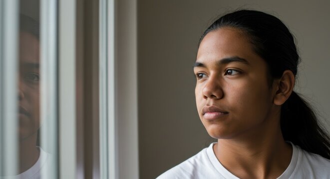 Pensive young pacific islander looking out the window with reflection, thoughtful