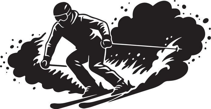 Silhouette of a skier doing a downhill turn, snow spray visible