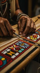 Closeup of a weavers hands working on a colorful beaded tapestry with a needle