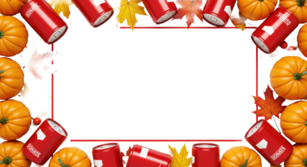 Orange pumpkins, vibrant maple leaves, and red 'DONATE' cans form a festive autumn border on a transparent background with copy space, flat lay. Concept of charity and harvest season