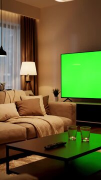 Home Entertainment Setup with couple watches green mock up screen tv while sitting on a couch in the living room romantic evening for boyfriend and girlfriend distortion, overlay, glitch, static