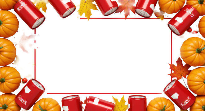 Orange pumpkins, vibrant maple leaves, and red 'DONATE' cans form a festive autumn border on a transparent background with copy space, flat lay. Concept of charity and harvest season