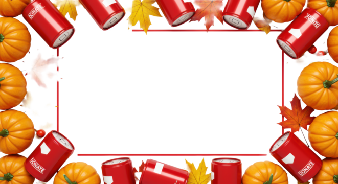 Orange pumpkins, vibrant maple leaves, and red 'DONATE' cans form a festive autumn border on a transparent background with copy space, flat lay. Concept of charity and harvest season