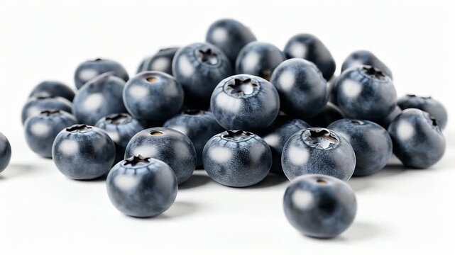 A vibrant pile of fresh, ripe blueberries is meticulously arranged on a clean, bright white background, creating a visually striking composition. Each plump, deep indigo berry showcases its natural bl