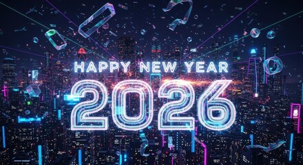 Neon "Happy New Year 2026" text over a futuristic cityscape with floating geometric shapes