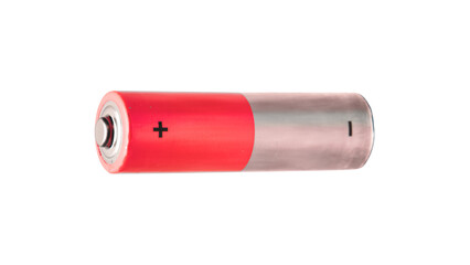 Single cylindrical battery with red and silver casing, a common power source for electronic devices on transparent background