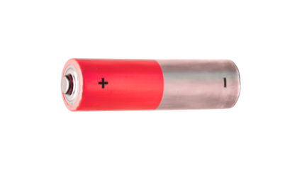 Single cylindrical battery with red and silver casing, a common power source for electronic devices on transparent background