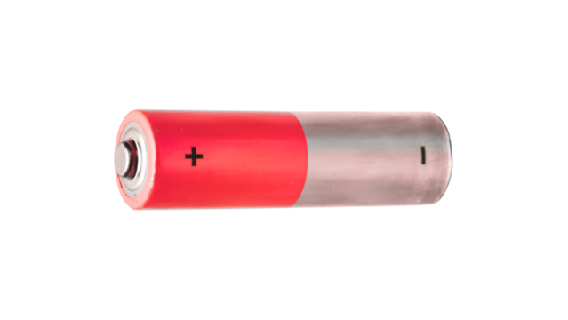 Single cylindrical battery with red and silver casing, a common power source for electronic devices on transparent background