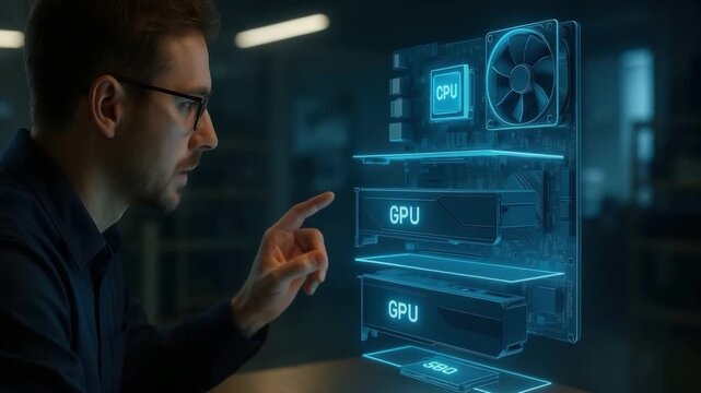 Holographic Interaction with Computer Motherboard Showcasing CPU, GPU, SSD Dive into Technology and Innovation in Advanced Hardware Display