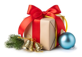Festive gift with red ribbon bells ornament and pine on white table