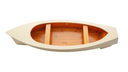 Light colored wooden boat with smooth exterior and wooden interior, showcasing craftsmanship and design