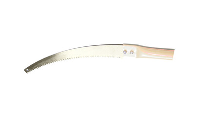 A sharp curved pruning saw blade for gardening and landscaping and a transparent background