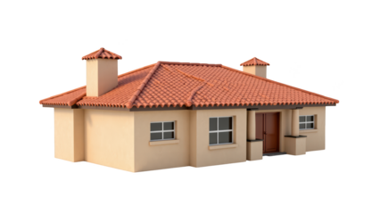 Charming single story house with tiled roof, featuring two chimneys and multiple windows. warm color of exterior adds to its inviting appeal