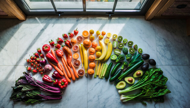 Top view of a diverse selection of fruits and vegetables (red, orange, yellow, green, purple) organized in a rainbow arc on marble, promoting nutrition, healthy eating, and a balanced, colorful diet.