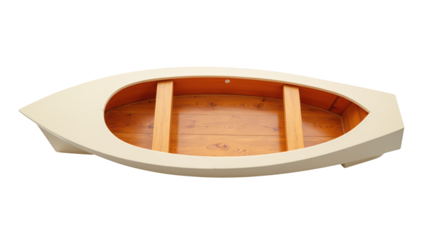 Light colored wooden boat with smooth exterior and wooden interior, showcasing craftsmanship and design